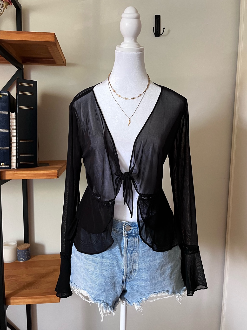 Rubber Ducky Productions Sheer Front Tie Long Sleeve Blouse Top Women's Medium